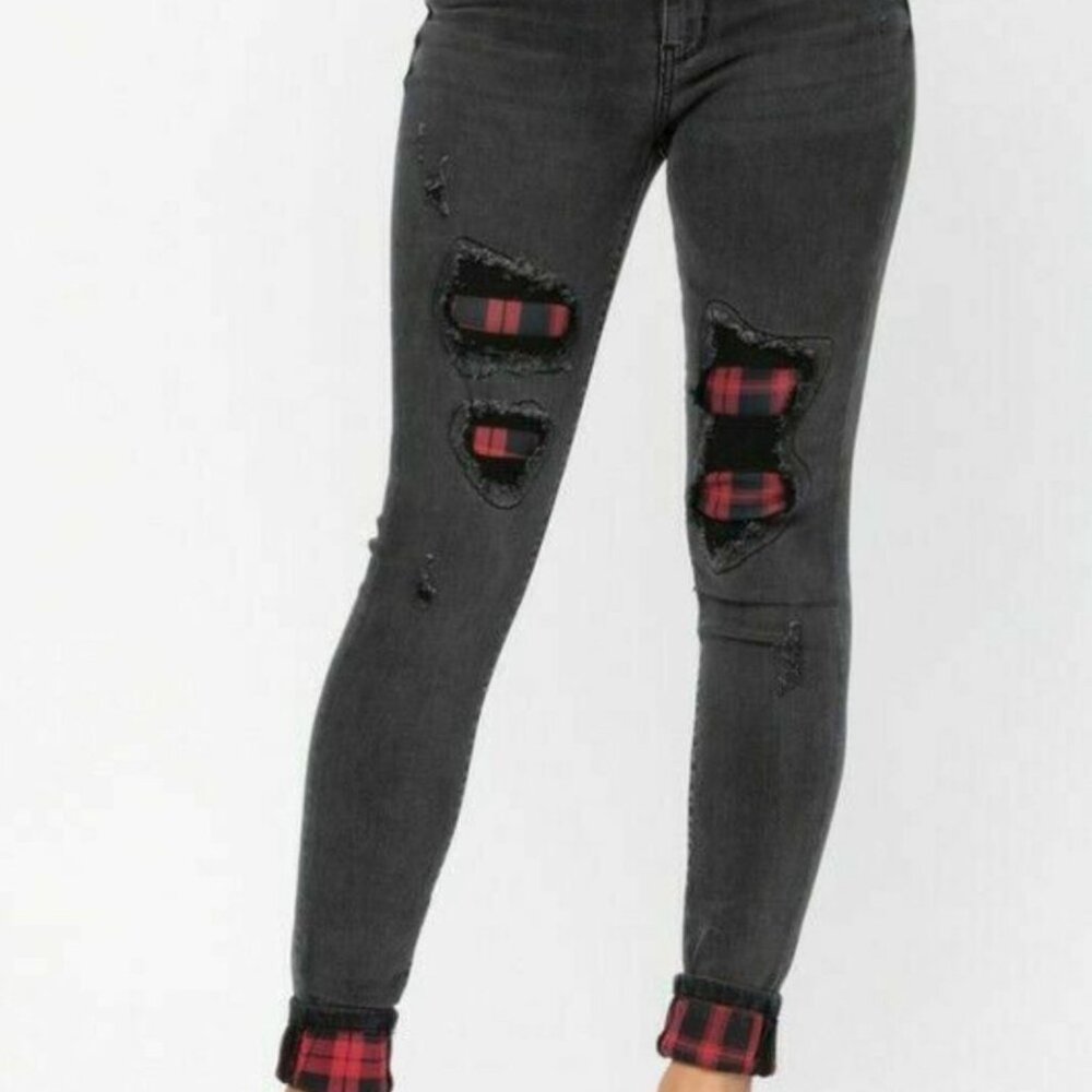 EUC Women's JUDY BLUE Rayann Buffalo Plaid Patch Jeans Faded Black | Size 14 W